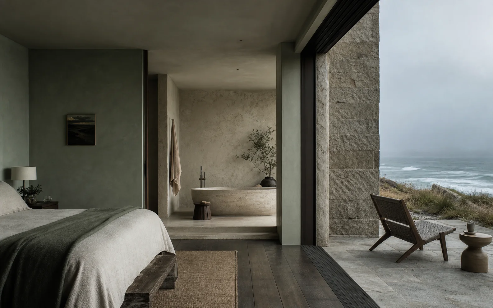 A coastal boutique hotel suite opening toward a stone bath and ocean terrace